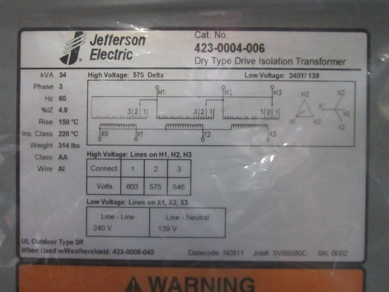 NEW Jefferson 34 kVA 575 Delta 240Y/139 423-0004-006 Drive Isolation Transformer (PM0529-1)