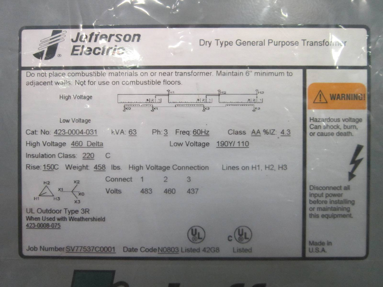 NEW Jefferson 63 kVA 460 Delta 190Y/110 423-0004-031 Drive Isolation Transformer (PM0535-6)