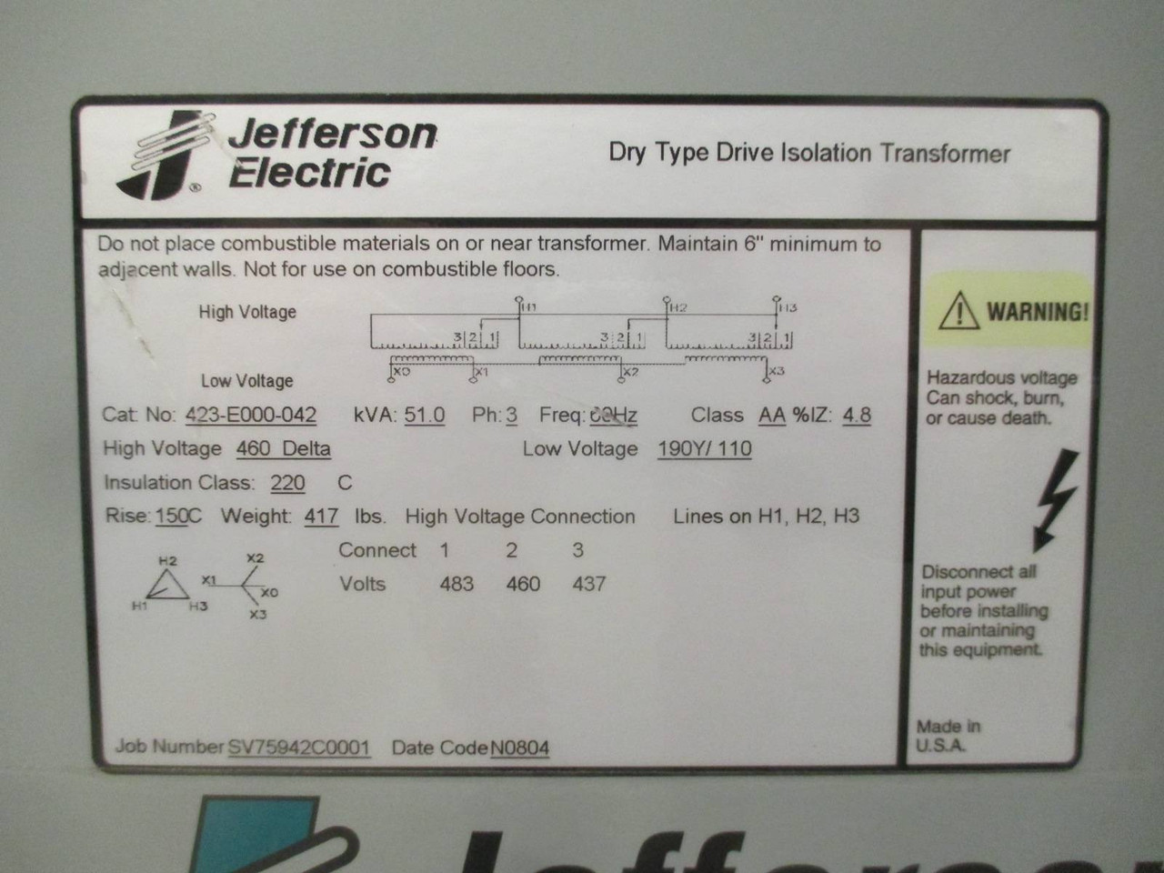 NEW Jefferson 51 kVA 460 Delta 190Y/110 423-E000-042 Drive Isolation Transformer (PM0534-2)