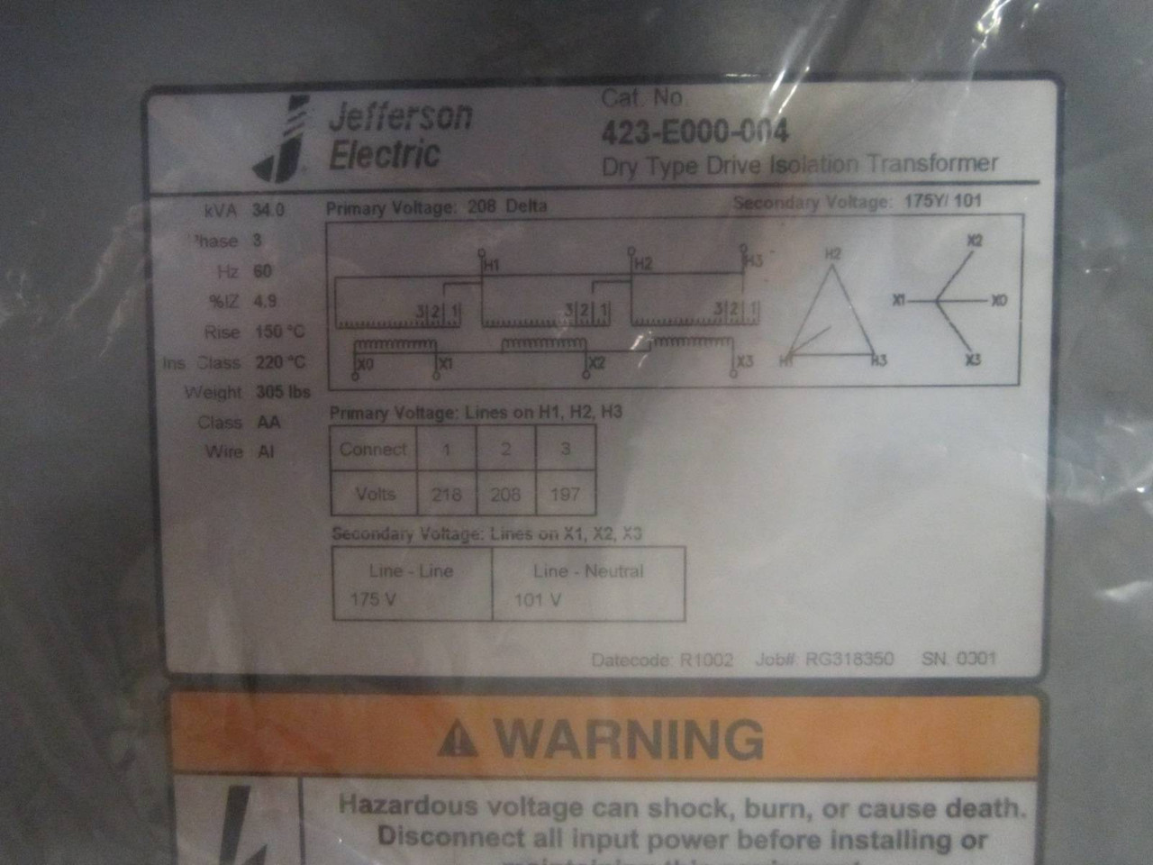 NEW Jefferson 34 kVA 208 Delta 175Y/101 423-E000-004 Drive Isolation Transformer (PM0538-2)