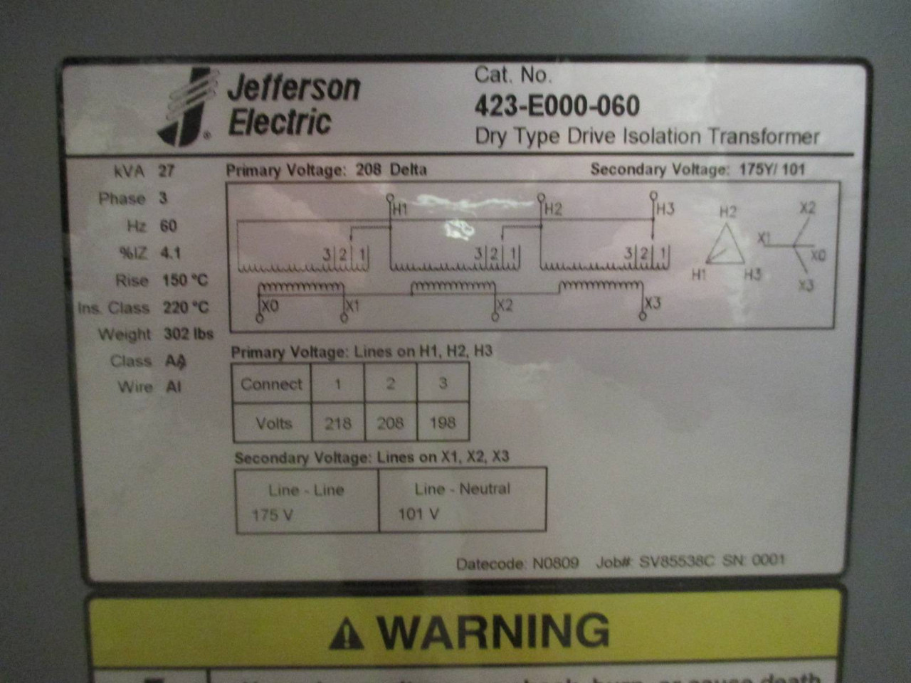 NEW Jefferson 27 kVA 208 Delta 175Y/101 423-E000-060 Drive Isolation Transformer (PM0543-6)