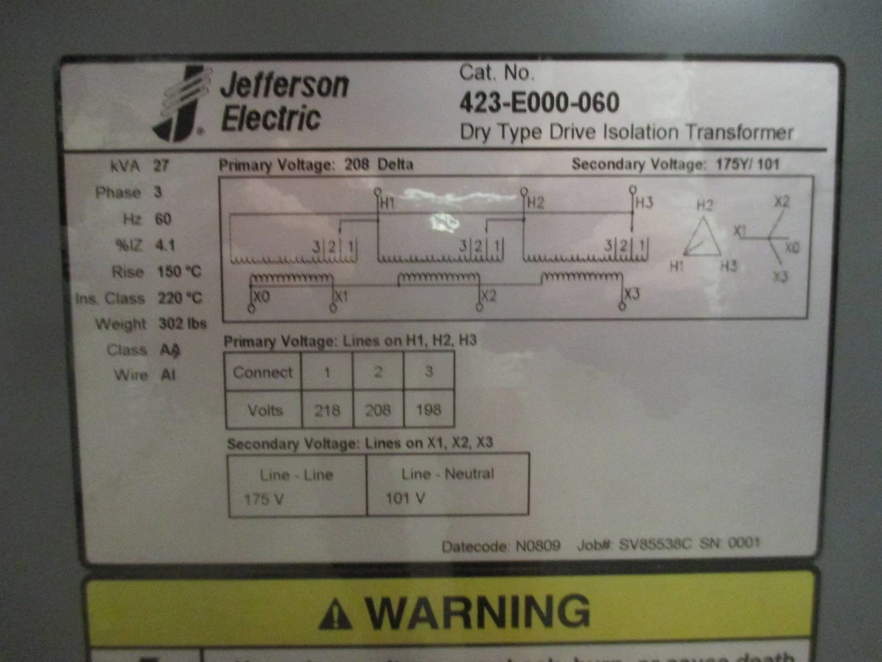 NEW Jefferson 27 kVA 208 Delta 175Y/101 423-E000-060 Drive Isolation Transformer (PM0543-6)