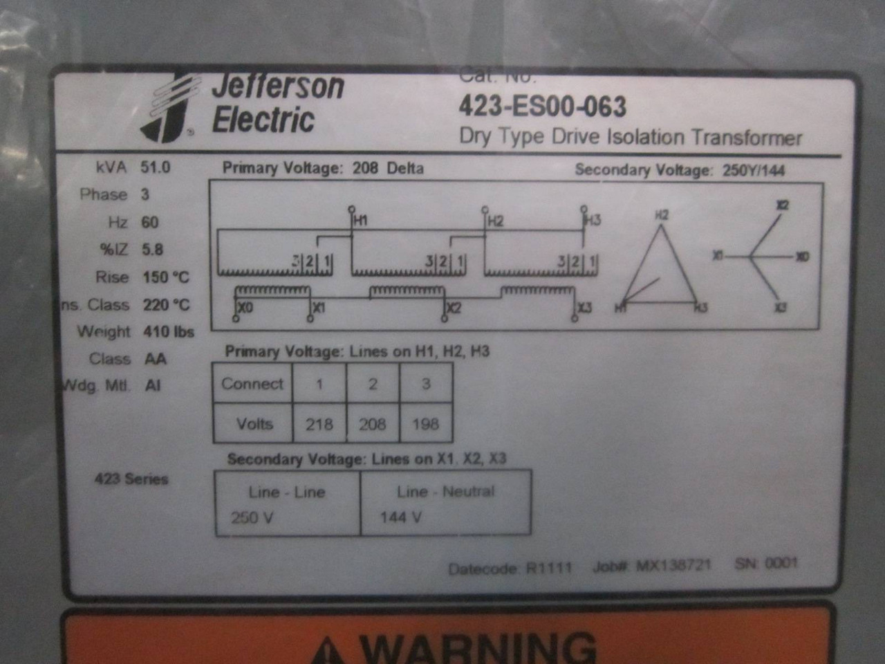 NEW Jefferson 51 kVA 208 Delta 250Y/144 423-ES00-063 Drive Isolation Transformer (PM0548-1)