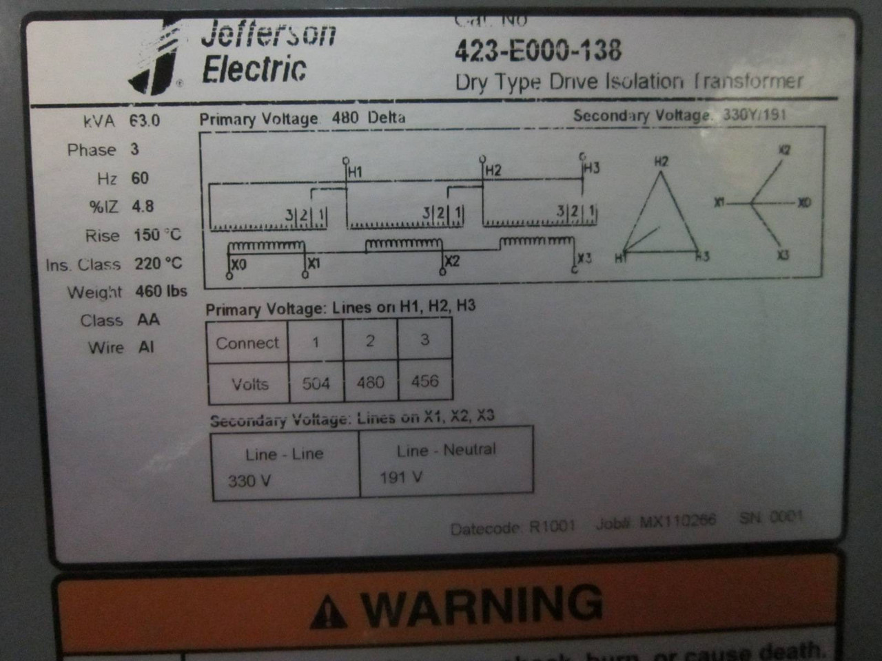 NEW Jefferson 63 kVA 480 Delta 330Y/191 423-E000-138 Drive Isolation Transformer (PM0549-1)