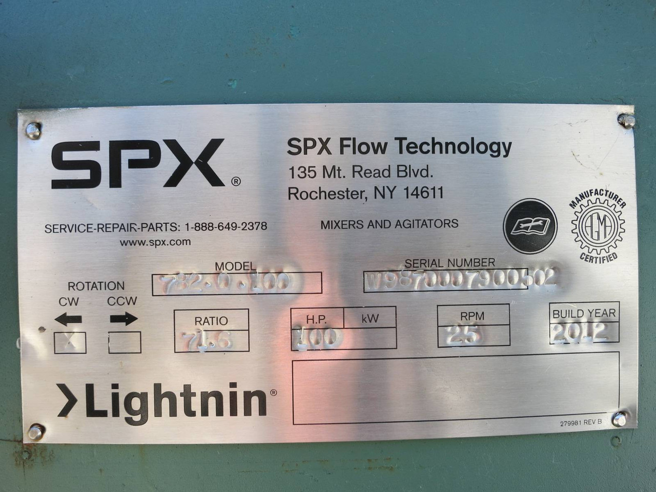 Lightnin / SPX Mixer Model: 782-Q-100, Yr 2012, 100HP, 25 RPM, Ratio: 71.6 782Q (PM0616-1)
