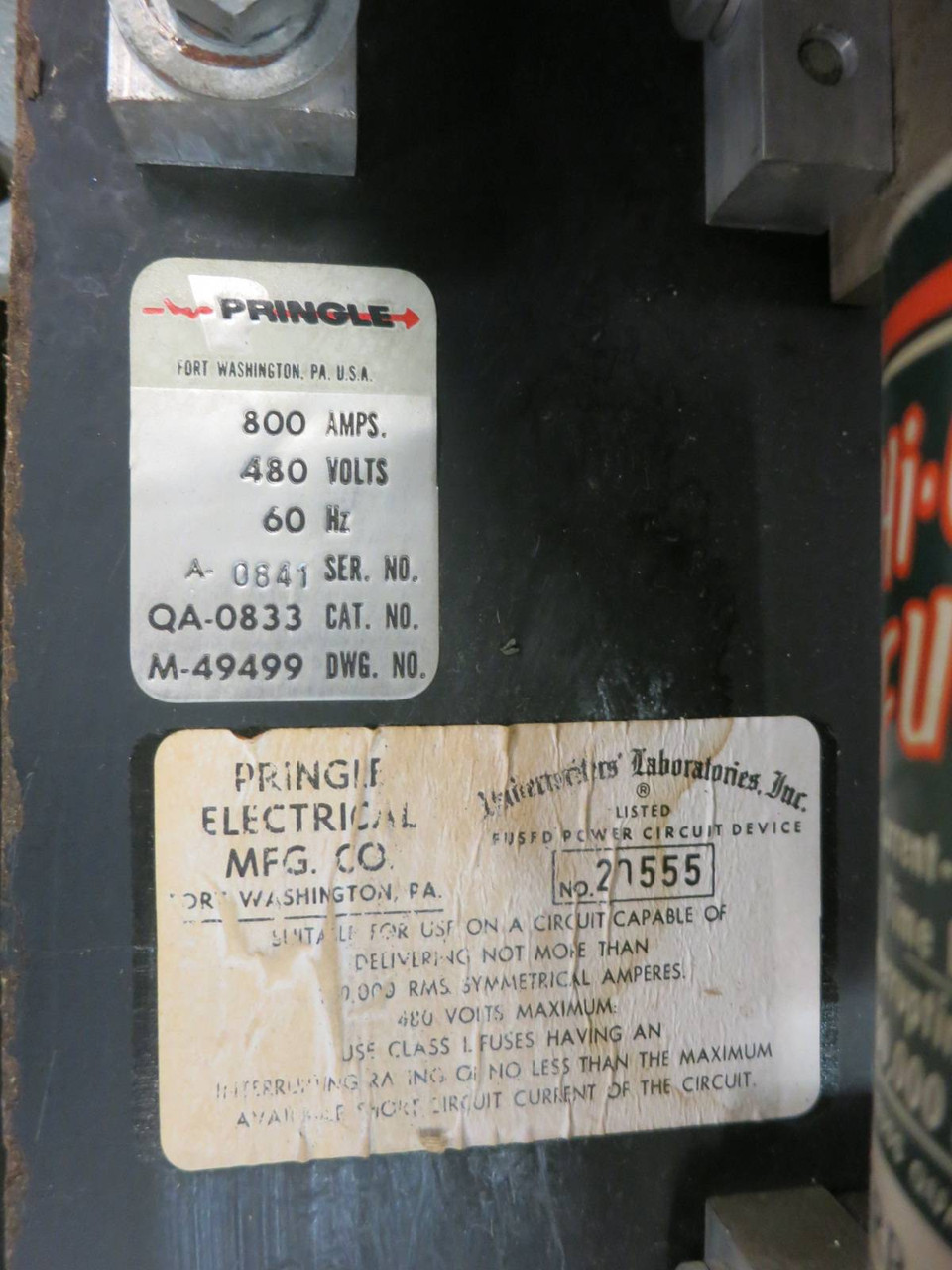 Pringle QA-0833 800 Amps 480 Volts Contact Switch QA0833 800 Amp A M-49499 (PM0673-1)
