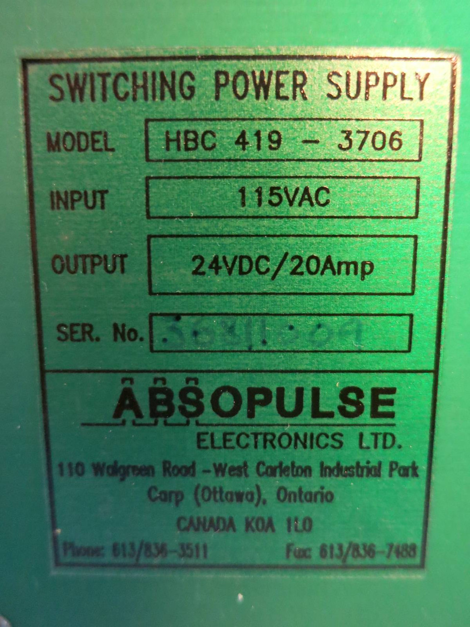 ABSOPULSE HBC 419-3706 Switching Power Supply Input:115VAC Output:24VDC/20A PLC (PM0683-12)