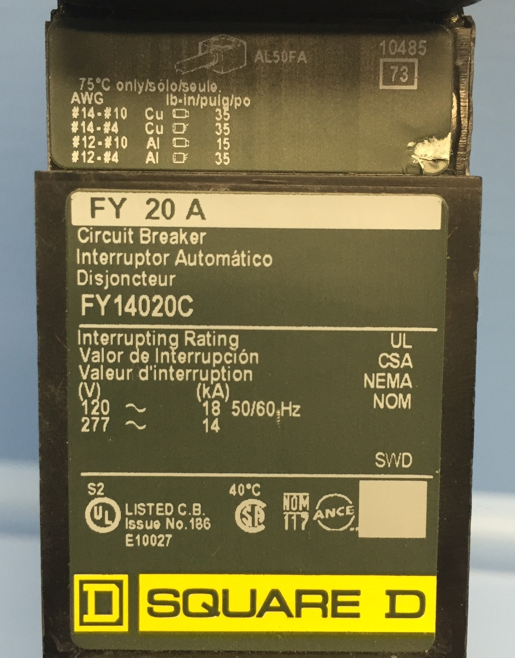 Square D I-Line FY14020C 20A Circuit Breaker Green Label 277V 1 Pole 20 Amp HACR (EM0544-1)