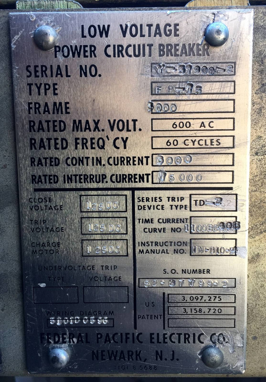 FPE Federal Pacific FP75-3000 3000 Amp Air Power Circuit Breaker FP-75 DO 3000A (EM0635-1)