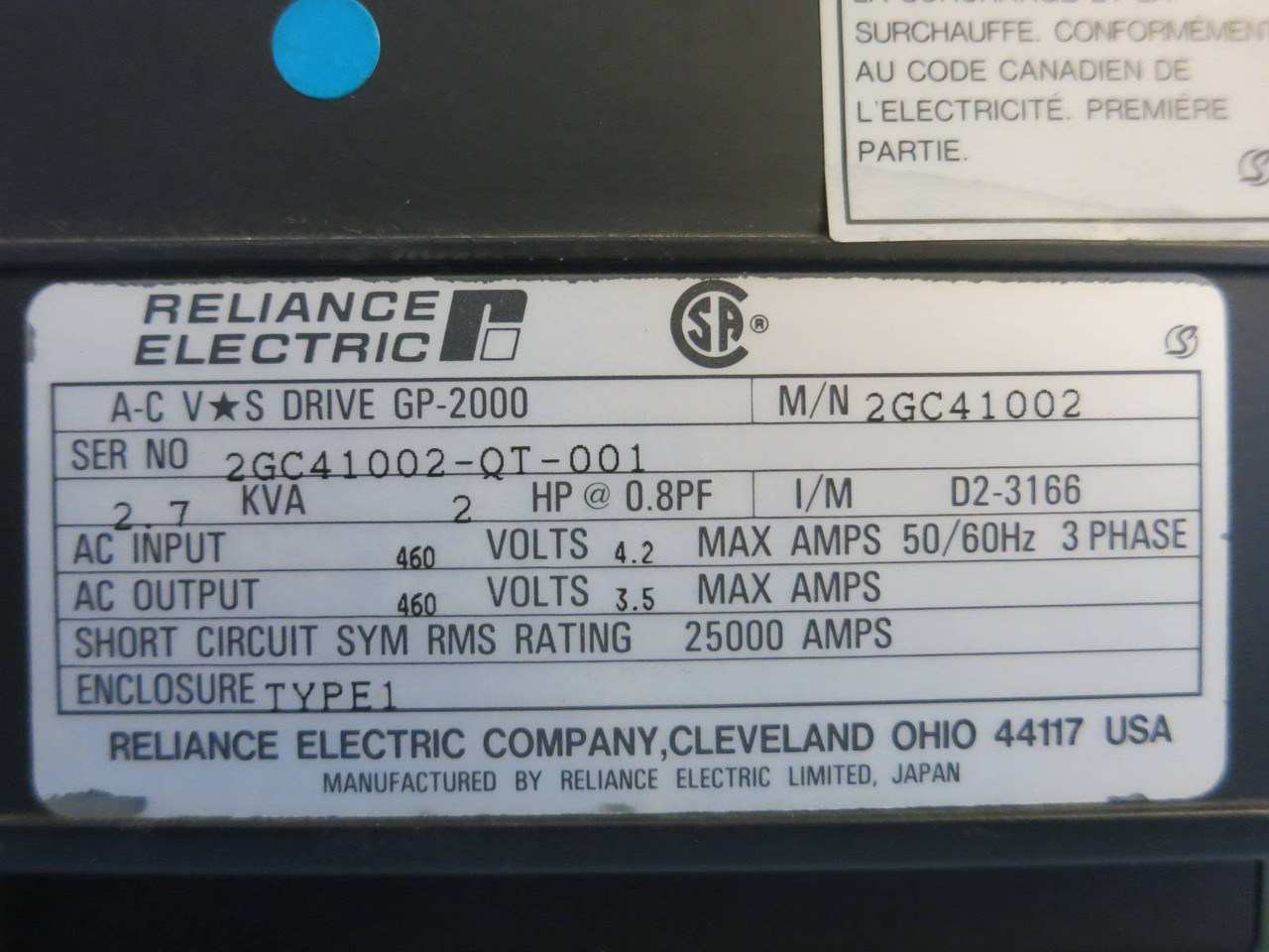 Reliance Electric 2GC41002 460V 2HP 3.5A 2.7kVA A-C V*S Drive GP-2000 VS AC (PM0836-3)