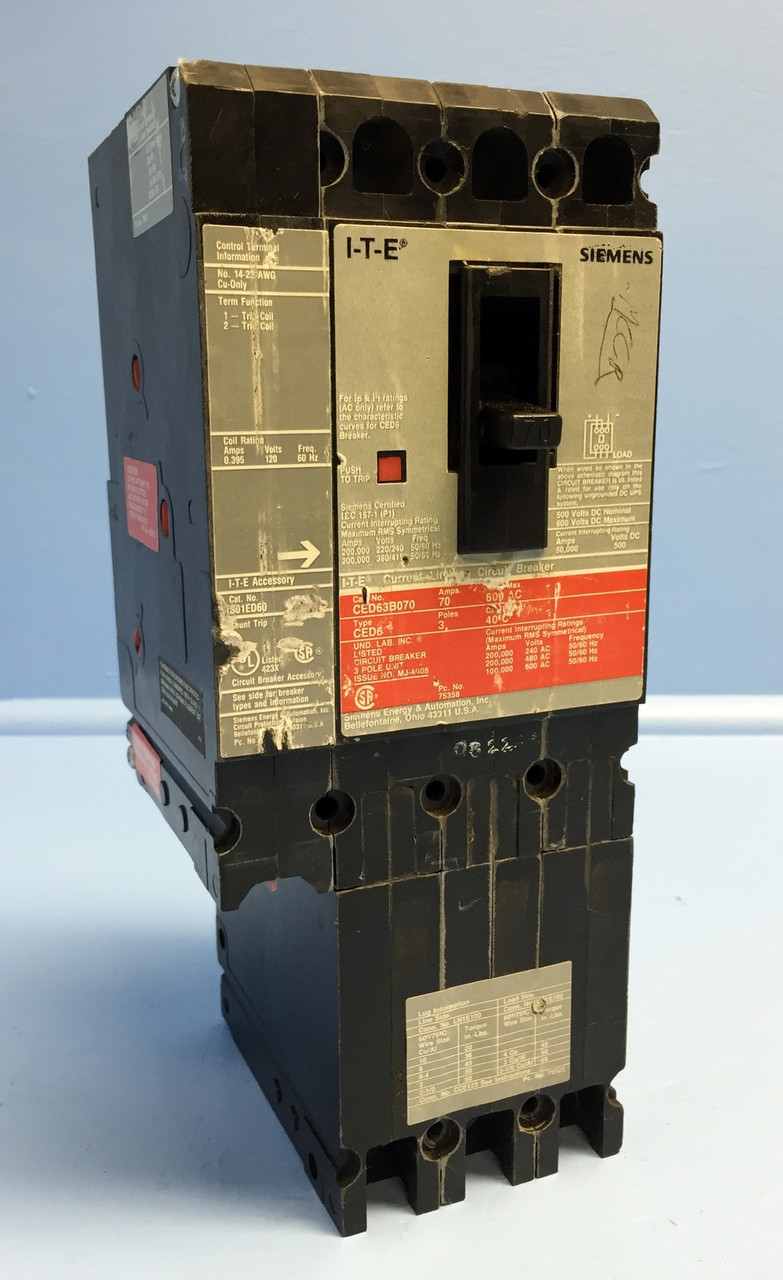 Siemens I-T-E CED63B070 70A Circuit Breaker w/ Shunt S01ED60 CED6 ITE 70 Amp (EM0647-2)