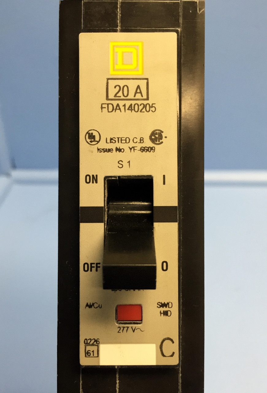 Square D I-Line FDA140205 20A Circuit Breaker 1 Pole YF-6609 277V 20 Amp 1P HACR (EM0665-11)