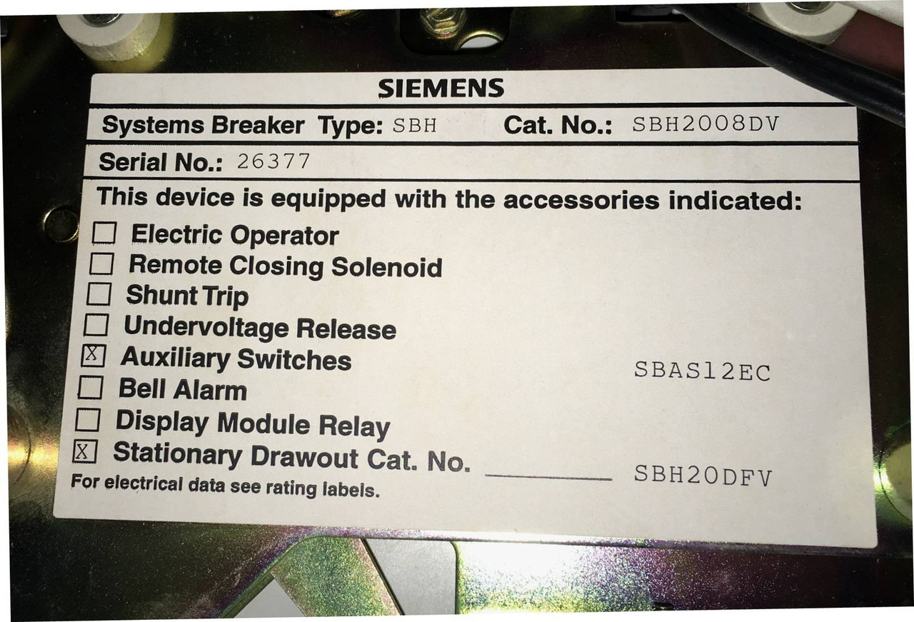 Siemens SBH 800 Amp Circuit Breaker w/ 800A Plug SBH800 SBH2008 Aux Drawout SBS (EBI3908-2)