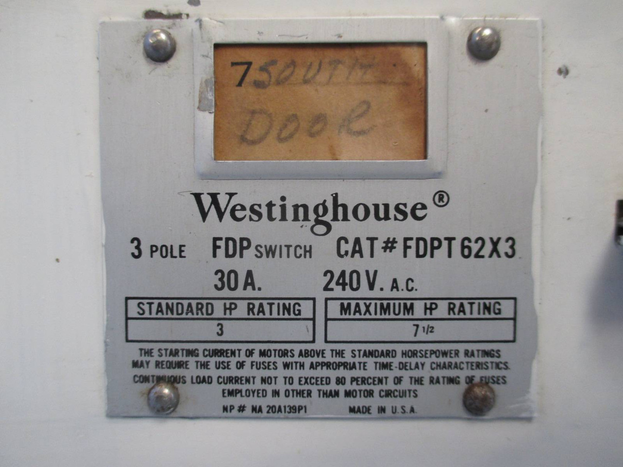 Westinghouse FDPT62X3 30 Amp 240V Fused Twin Panelboard Switch FDP w/ Hardware (TK0449-1)