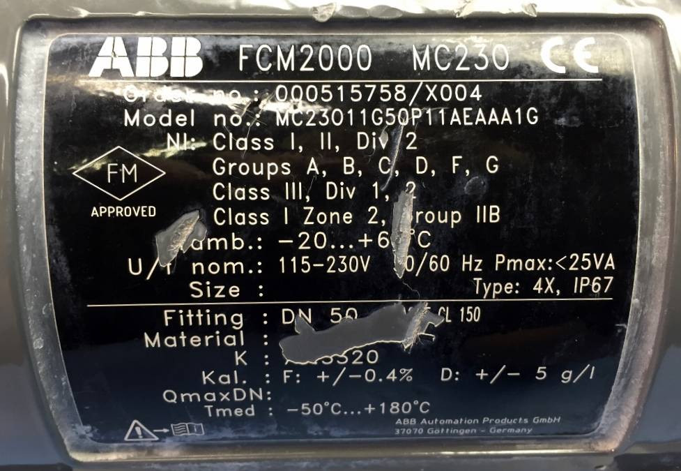 ABB 2" Mass Flowmeter FCM2000 MC230 MC2 2940 Sensor DN 50 Coriolis Pump (EM0691-1)