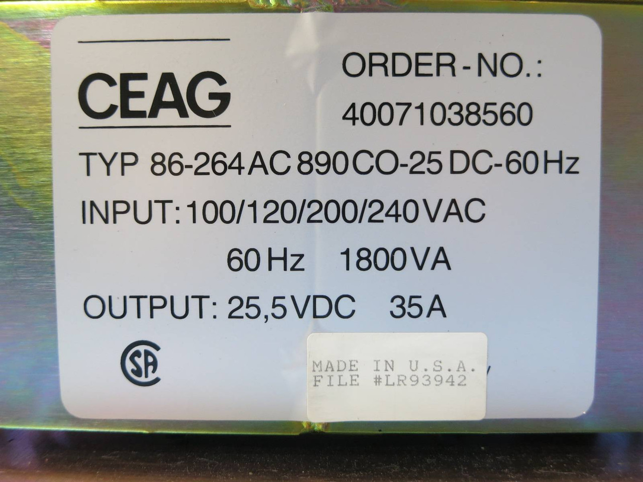 CEAG Typ: 86-264AC890CO-25DC-60Hz In: 100-240 VAC Out: 25,5VAC 35A Power Supply (PM0963-7)