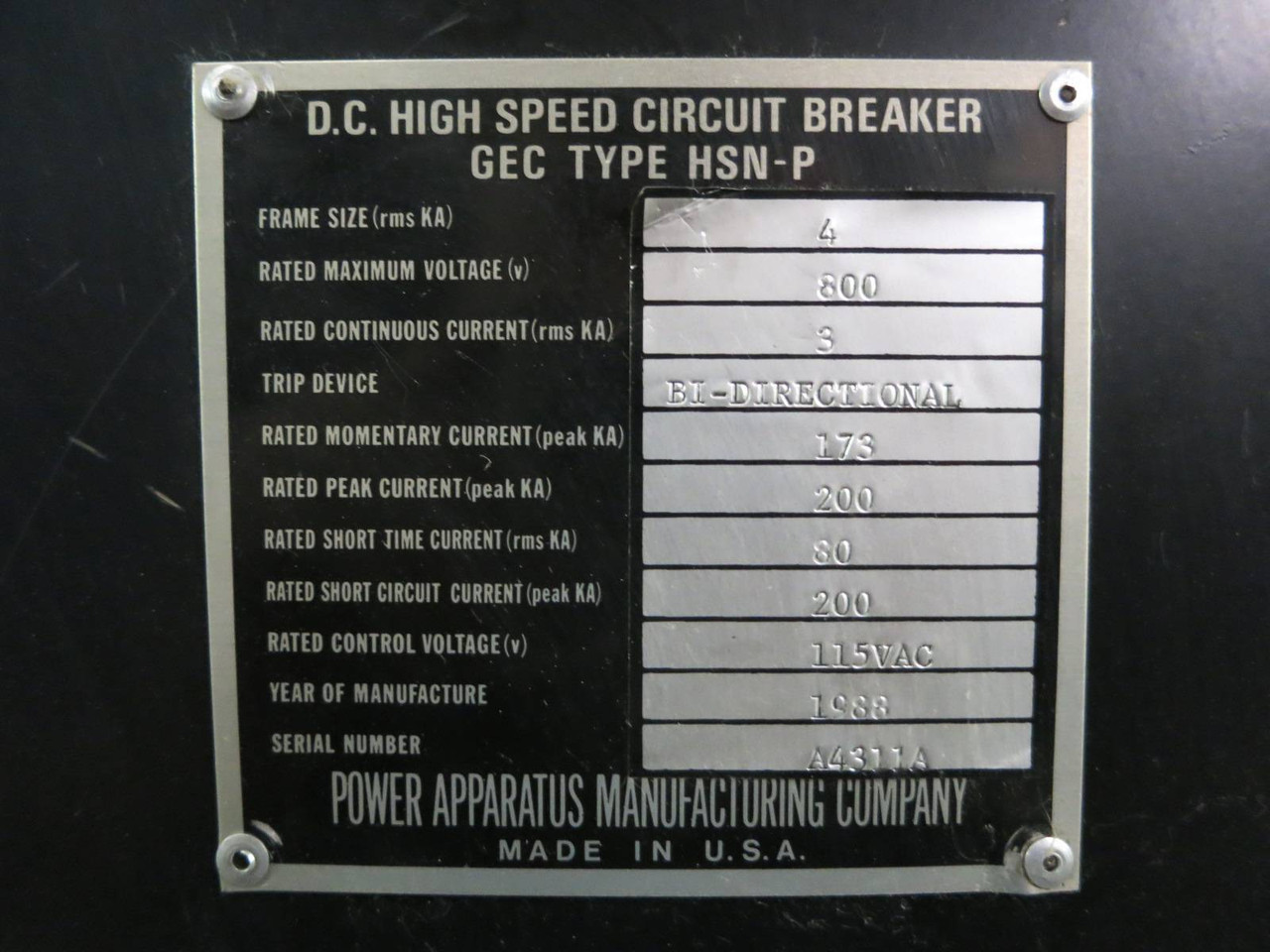 Power Apparatus Manufacturing GEC Type HSN-P D.C. High Speed Circuit Breaker DC (PM0987-1)