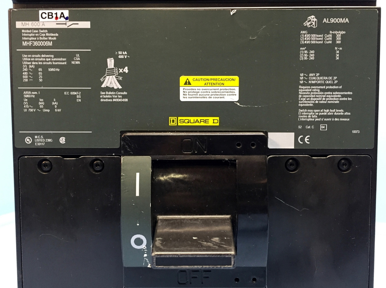 Square D MHF360006M 600A Molded Case Switch MH600A 480/600V 3 Pole 600 Amp (EM0726-1)