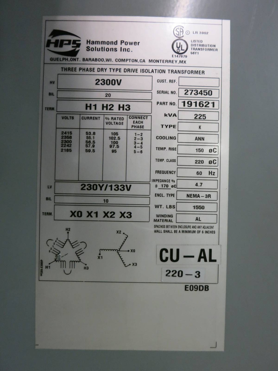 Hammond 225 KVA 2300 Delta to 230Y/133 V 3PH Isolation Transformer 191621 225kVA (PM1113-1)