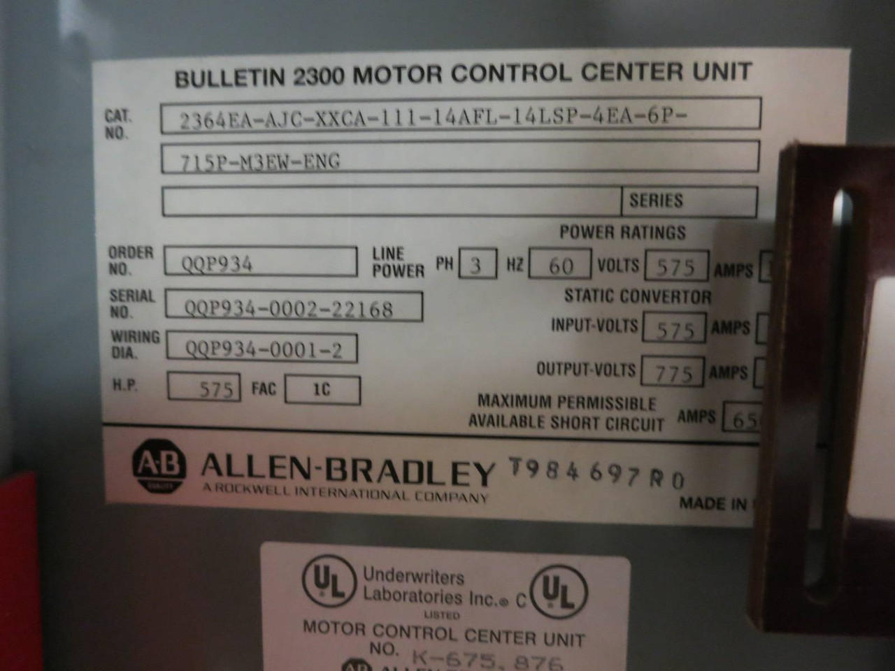 Allen Bradley 180A 575V NRU Non-Regenerative DC Bus Supply Unit 2364EA 575 HP (PM1173-1)