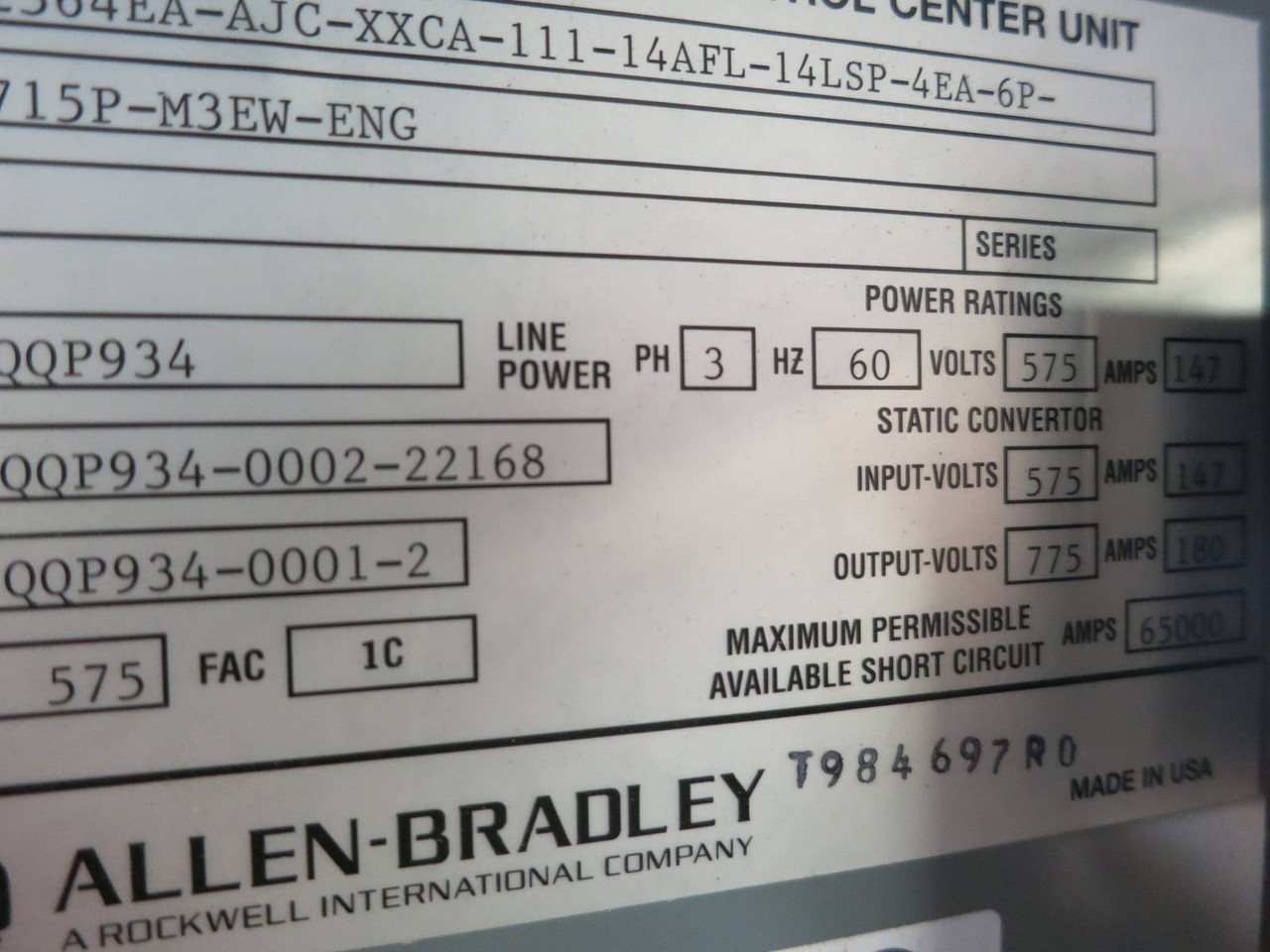 Allen Bradley 180A 575V NRU Non-Regenerative DC Bus Supply Unit 2364EA 575 HP (PM1173-1)