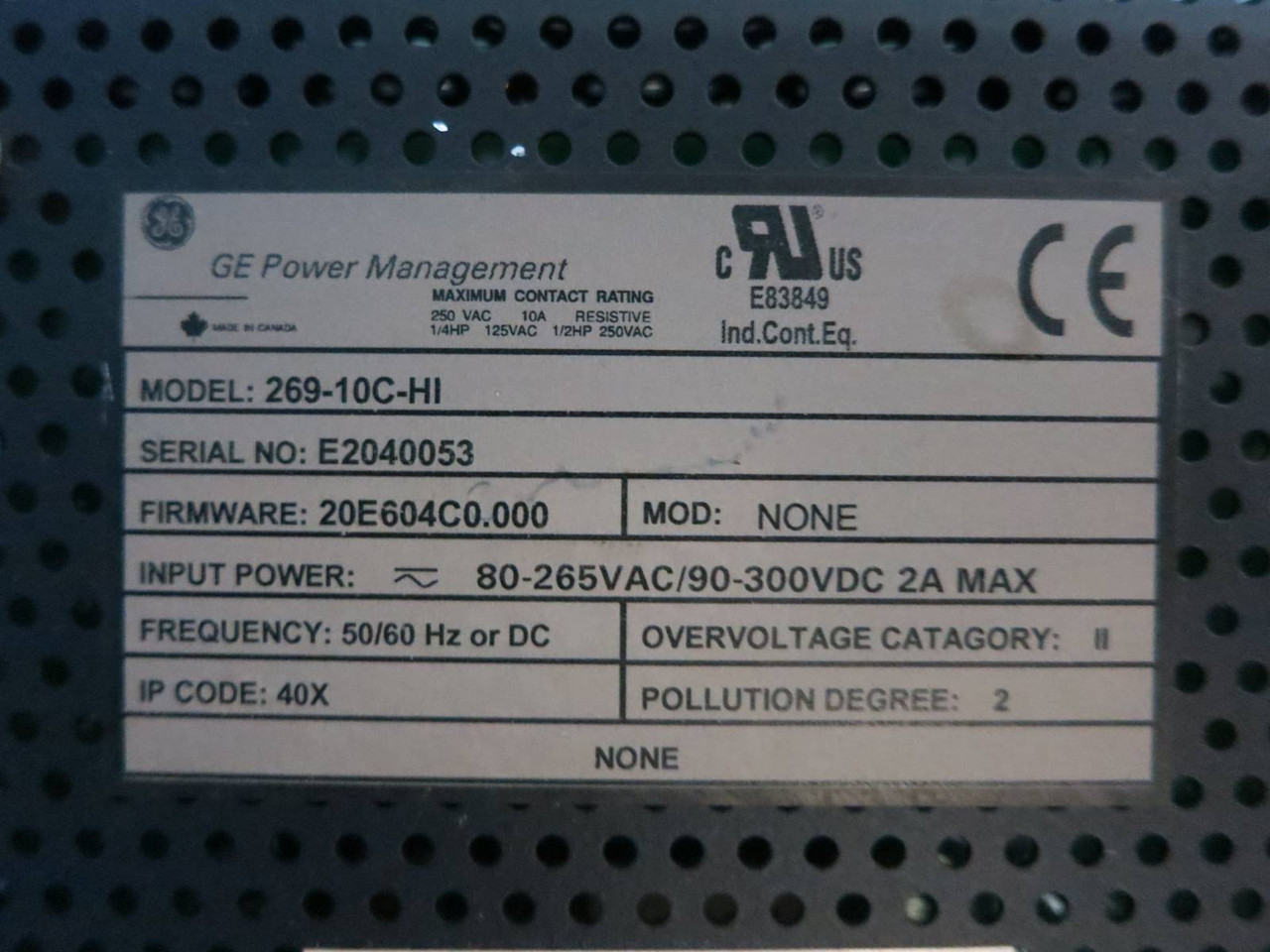 GE Multilin 269-10C-HI Motor Management Relay Firmware: 20E604C0.000 PLC Power (PM1207-3)