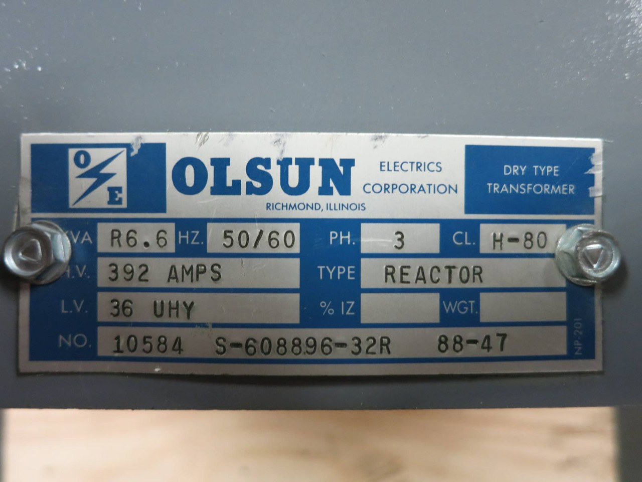 Olsun 6.6 kVAR 3PH 392 Amp 36 UHY Reactor 10584 S-608896-32R Reliance Electric (PM1225-1)