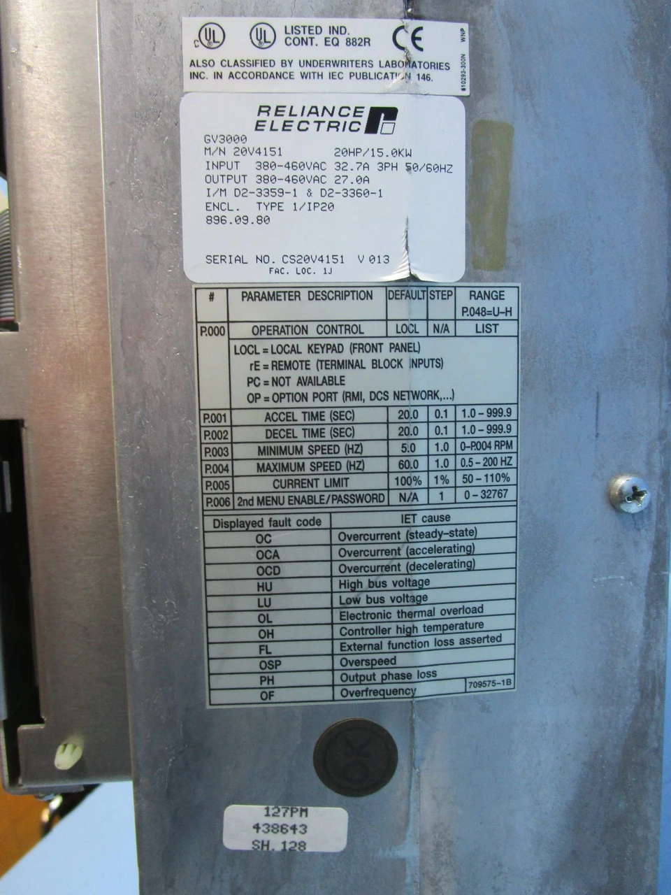 Reliance Electric 20 HP 20V4151 GV3000/SE VS AC Drive RE 20HP 460V GV-3000/SE (NP0672-1)