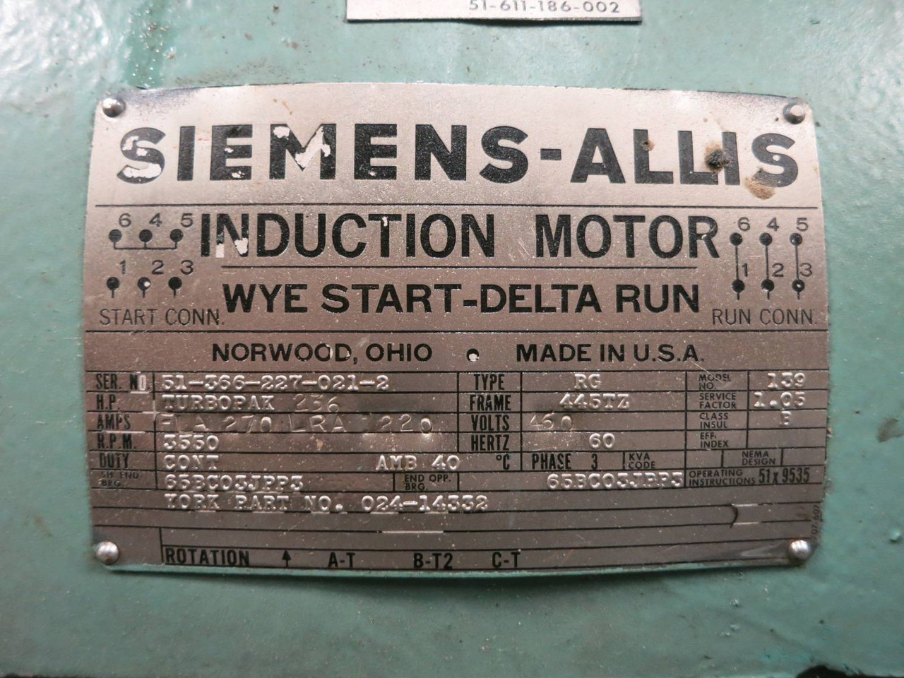 Siemens-Allis 236 HP RG 139 445TZ Turbopak Foot Mounted Chiller Induction Motor (PM1314-1)