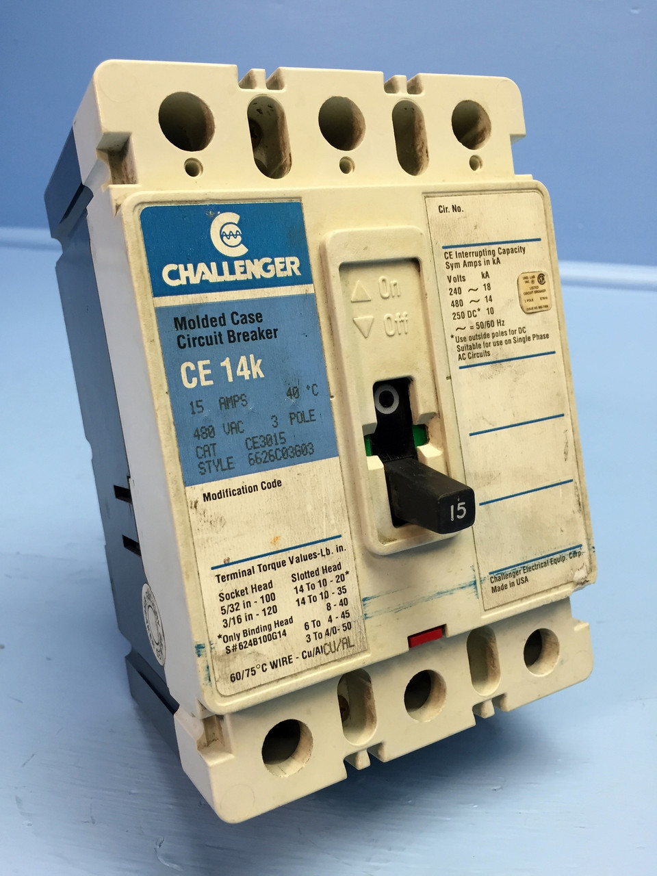 Challenger CE3015 15A Circuit Breaker 480V 3 Pole CE3015L Cutler Hammer 15 Amp (EM0896-4)