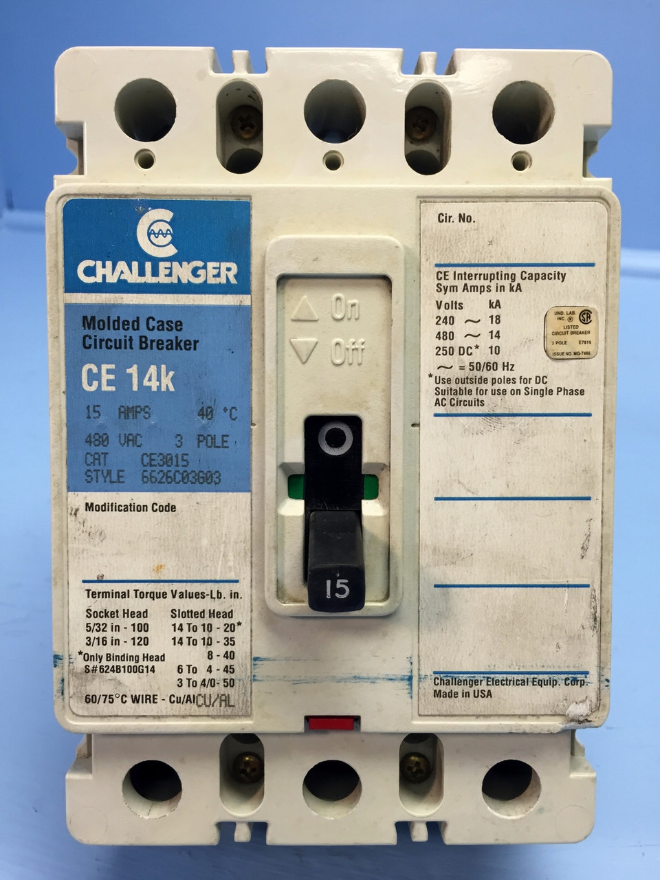 Challenger CE3015 15A Circuit Breaker 480V 3 Pole CE3015L Cutler Hammer 15 Amp (EM0896-4)