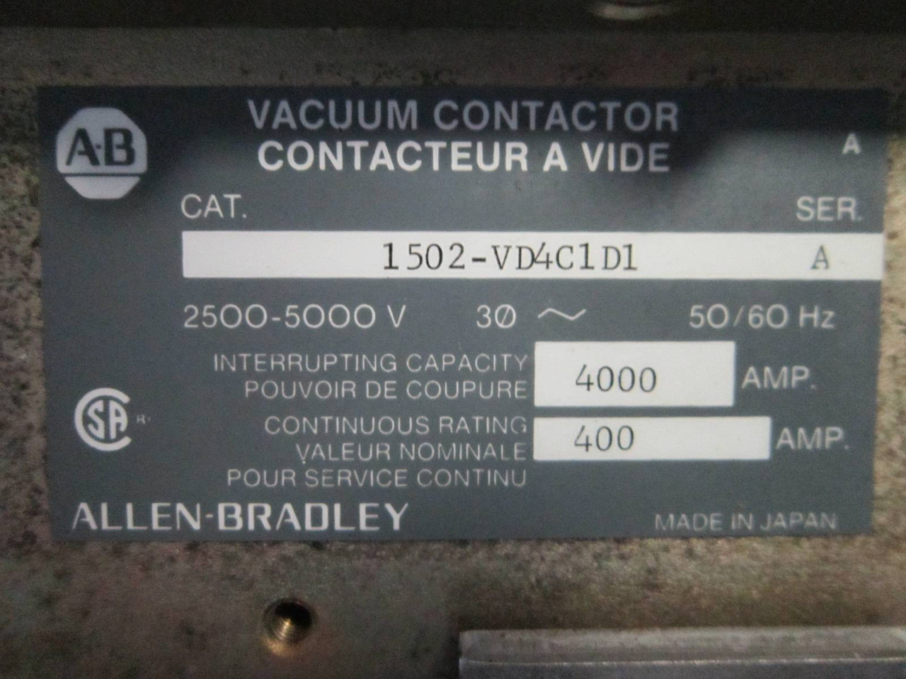 Allen Bradley 1502-VD4C1D1 400A 5000V Vacuum Contactor AB 1500-FOD93 1502-A4C3D1 (PM1336-6)