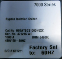 ASCO H07ATBC31000N5XC 1000 Amp 480V 4W 7000 Series Bypass Isolation Switch 1000A (GA0399-1)