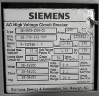 Siemens 1200A 38kV 38-3AFS-1500-56 56VDC AC High Voltage Vacuum Circuit Breaker (GA0730-4)