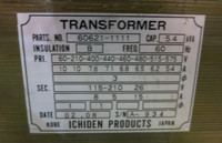 Kobe Ichiden 5.4 kVA 60621-1111 Insulation B Type Transformer 5.4KVA (GA0773-11)