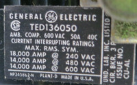 GE General Electric 8000 50A TEC36050 Breaker 12" MCCB MCC Bucket Feeder 50 Amp (BJ0092-1)