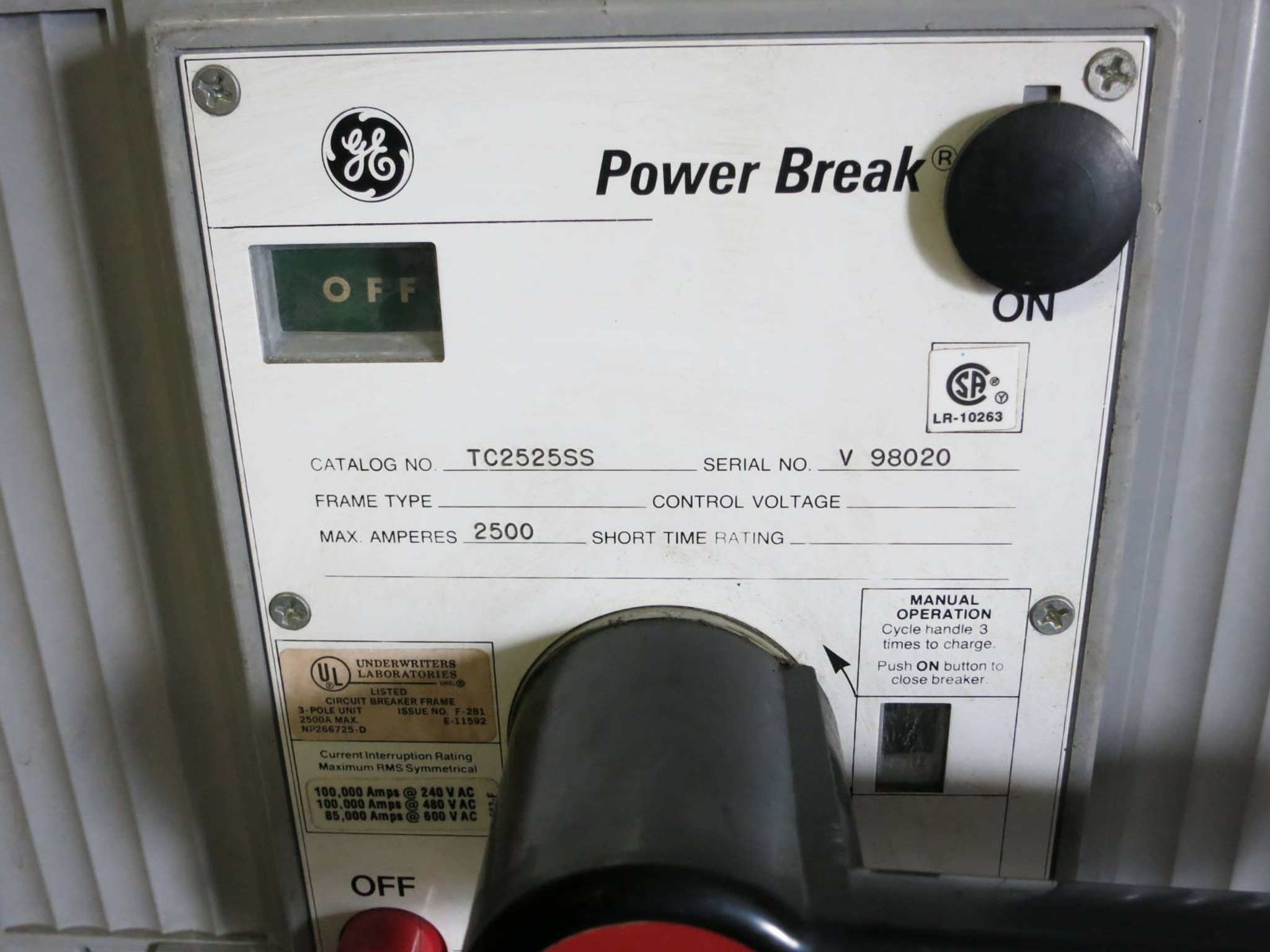 GE TC2525SS 2500A Power Break Circuit Breaker Drawout 2500 Amp General