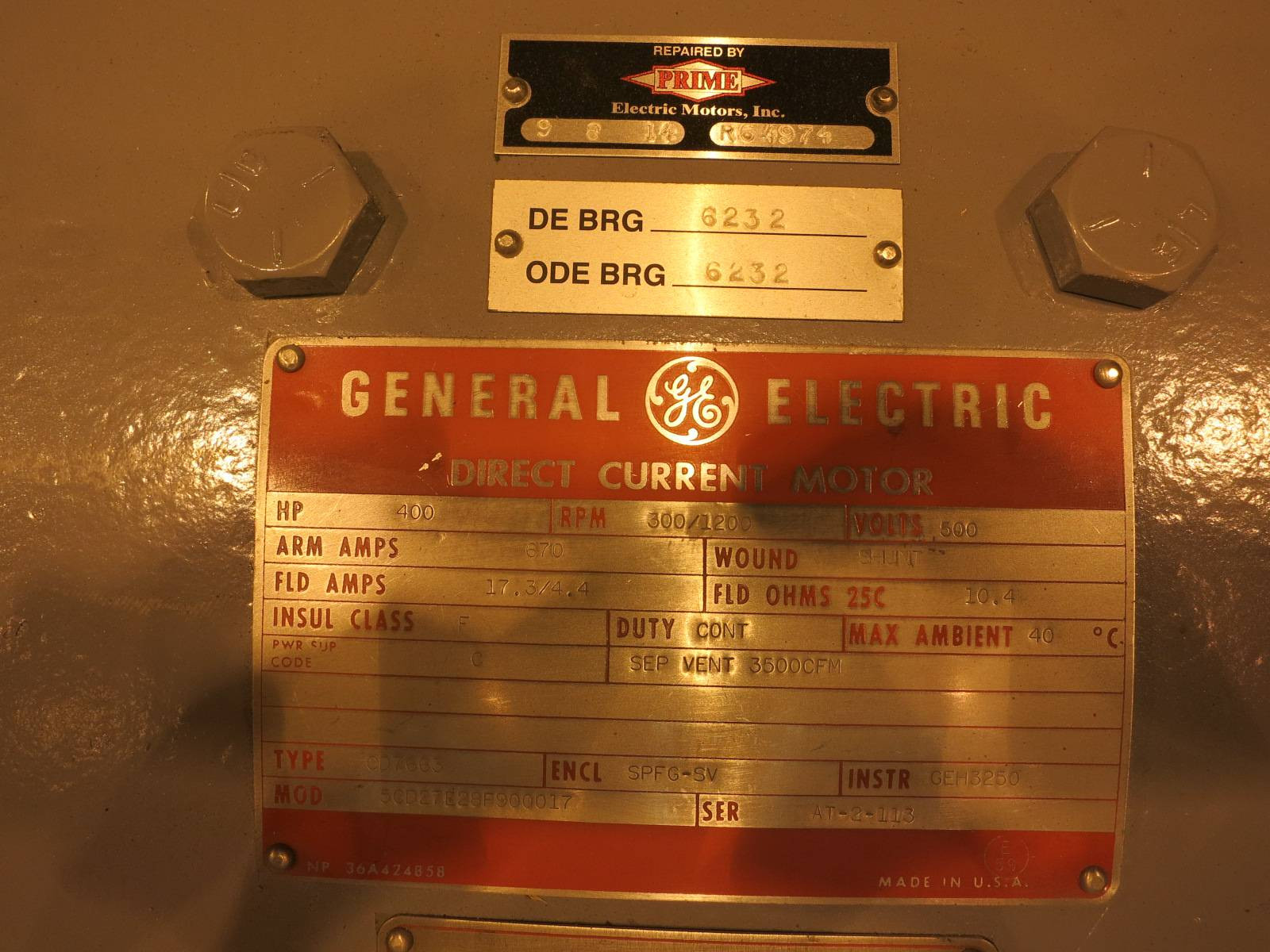 REBUILT General Electric DC Motor CD7663 400 HP 500 V 300/1200 RPM SPFG