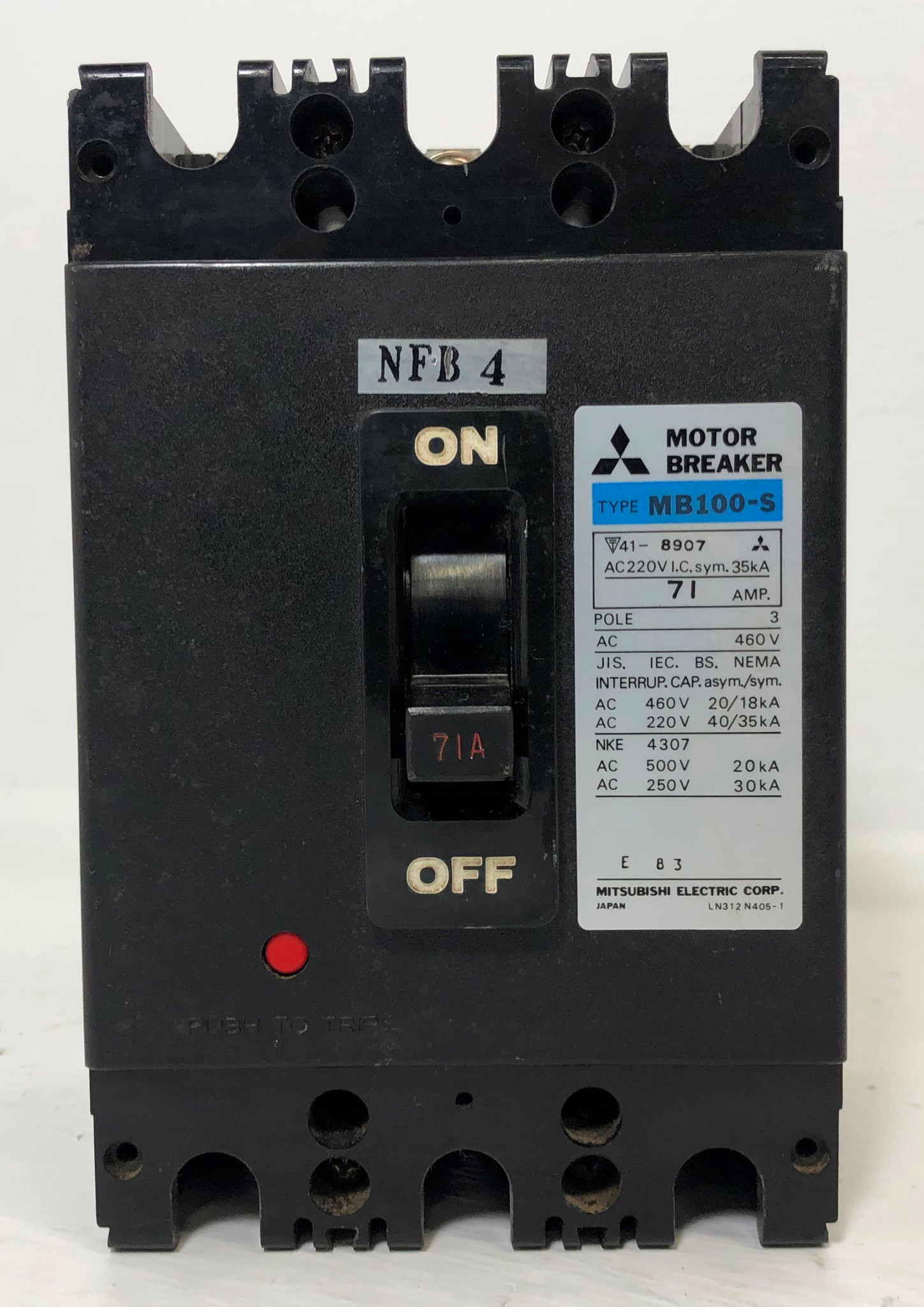 Mitsubishi MB100-S 71A Motor Circuit Breaker Type MB100S 3 Pole 460 VAC 71  Amp (EM3722-1)