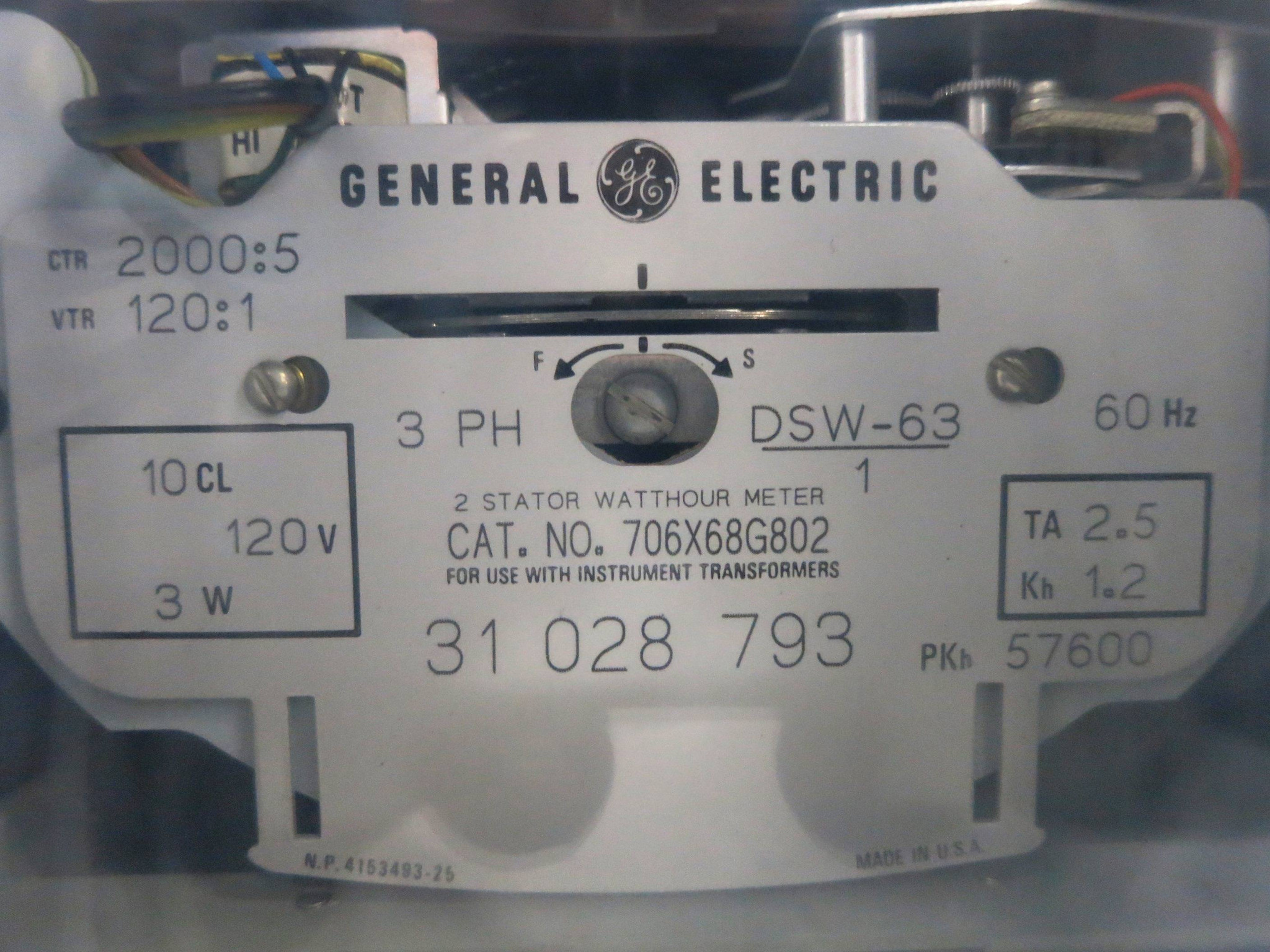 GE 706X68G802 2 Stator Watthour Meter Relay 3PH DSW63 Watt Hour 20005 120V (DW17901) River