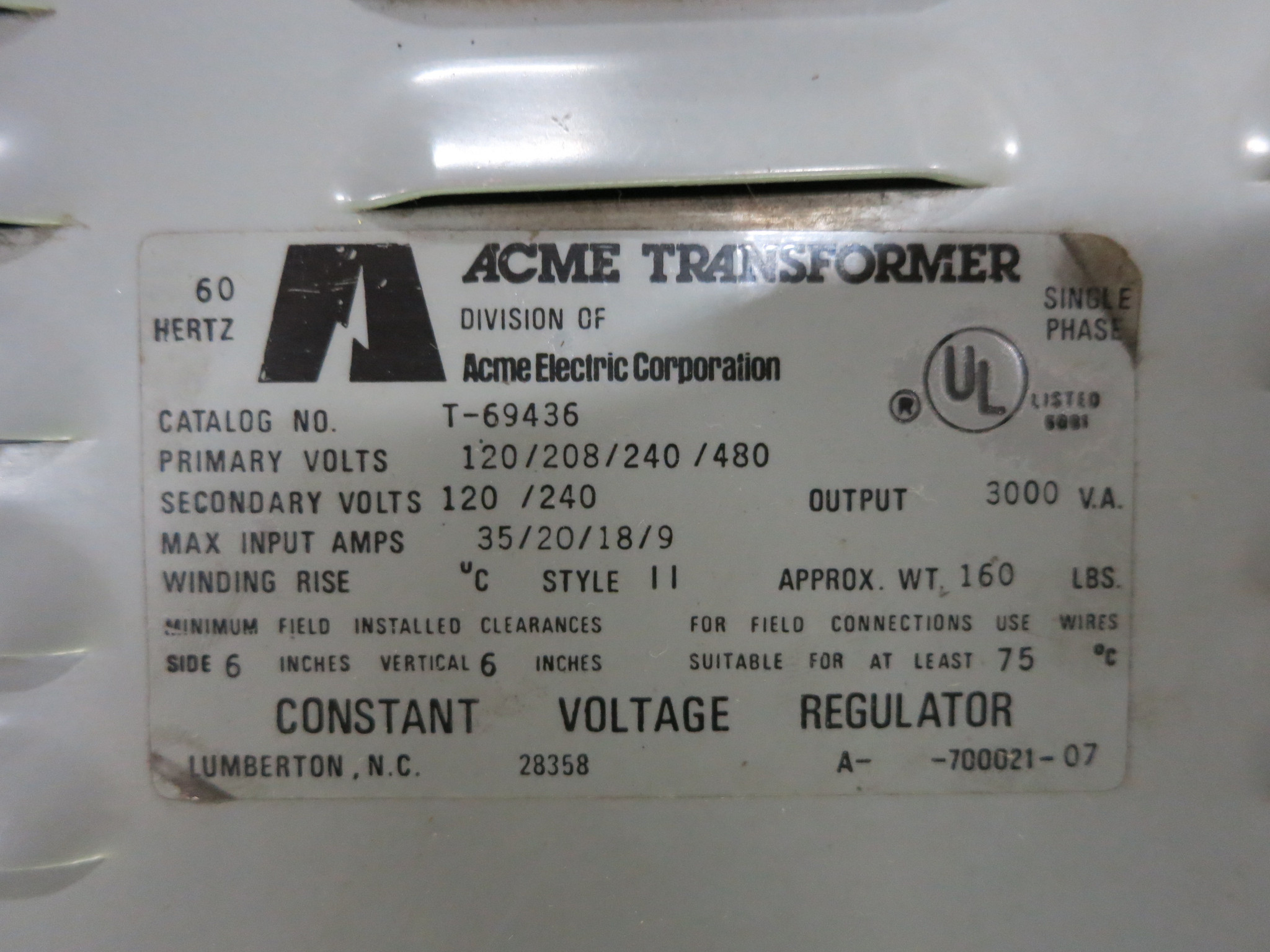 Acme T 3000va Constant Voltage Regulator Cvr 1 8 240 480 1 240 1ph Dw2340 1 River City Industrial