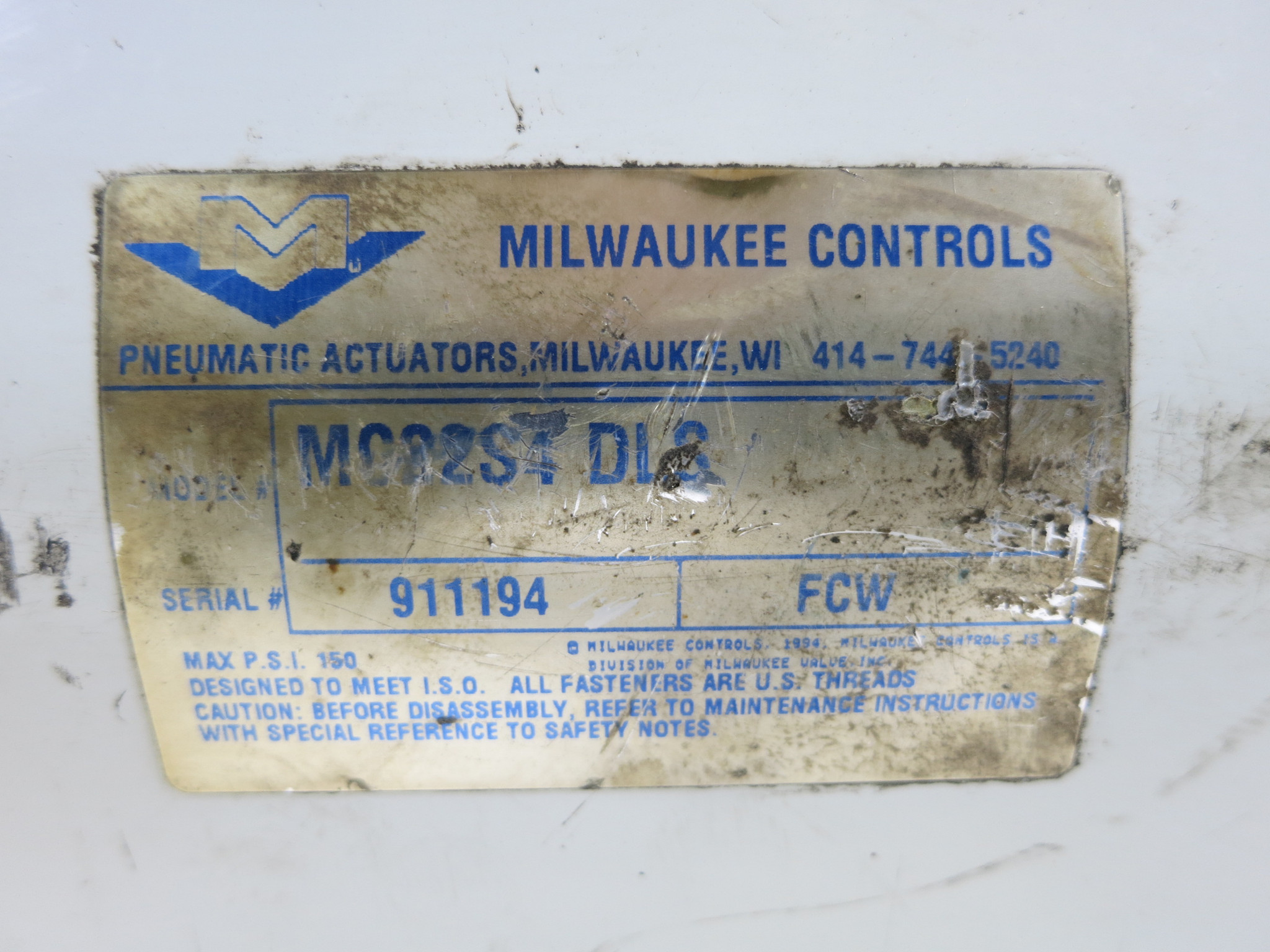 Milwaukee Controls MC22S4DLS Pneumatic Valve Actuator 150 PSI LS4
