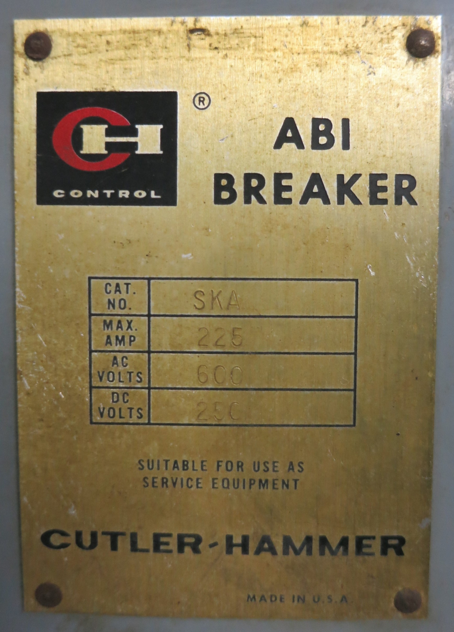 CH Control ABI Circuit Breaker SKA Encl. 225A 600V w JA3225W AB DE-ION  Breaker (GA0531-1)