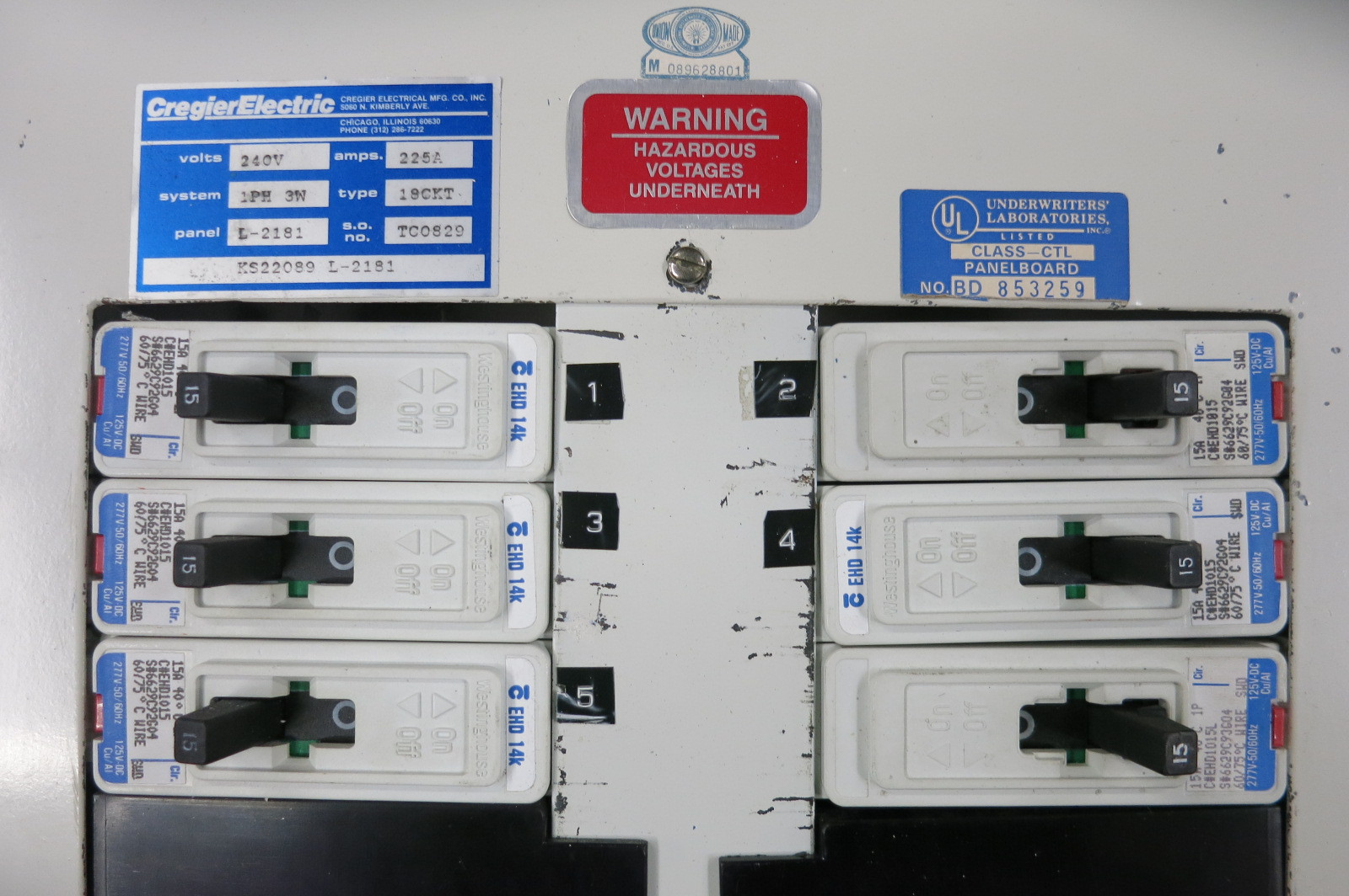 Westinghouse/Cregier 225A 240V 1 Phase 3W Lug In Type Breaker Panel w