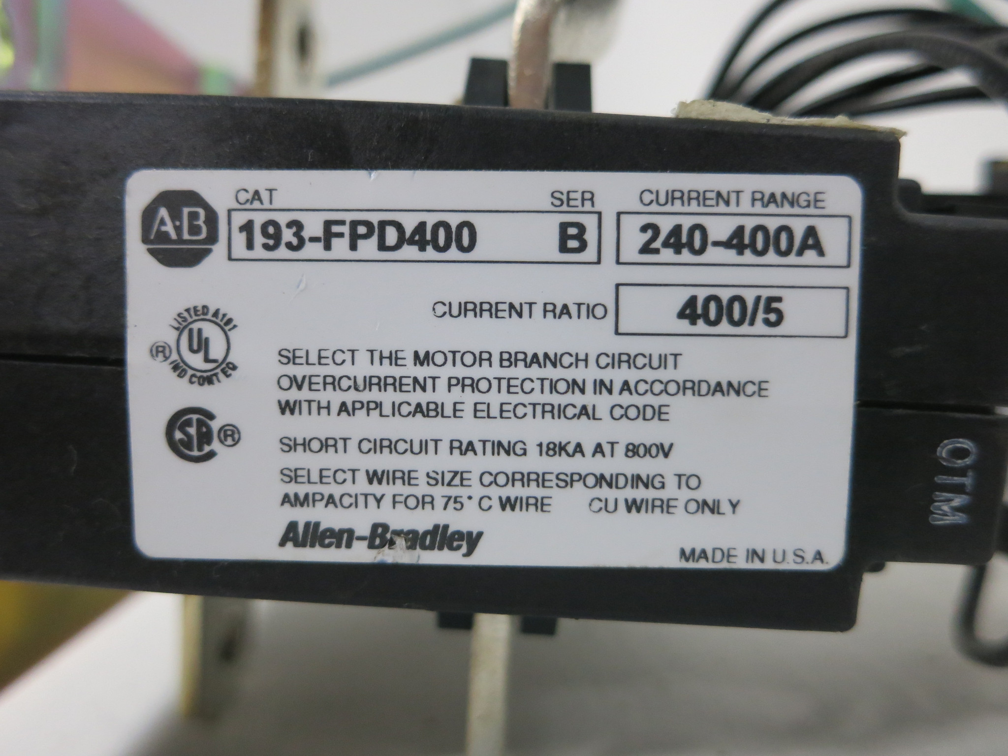 AB 193-FPD400 Ser B Overload Relay 400A 400/5 NEMA B600 Allen-Bradley ...