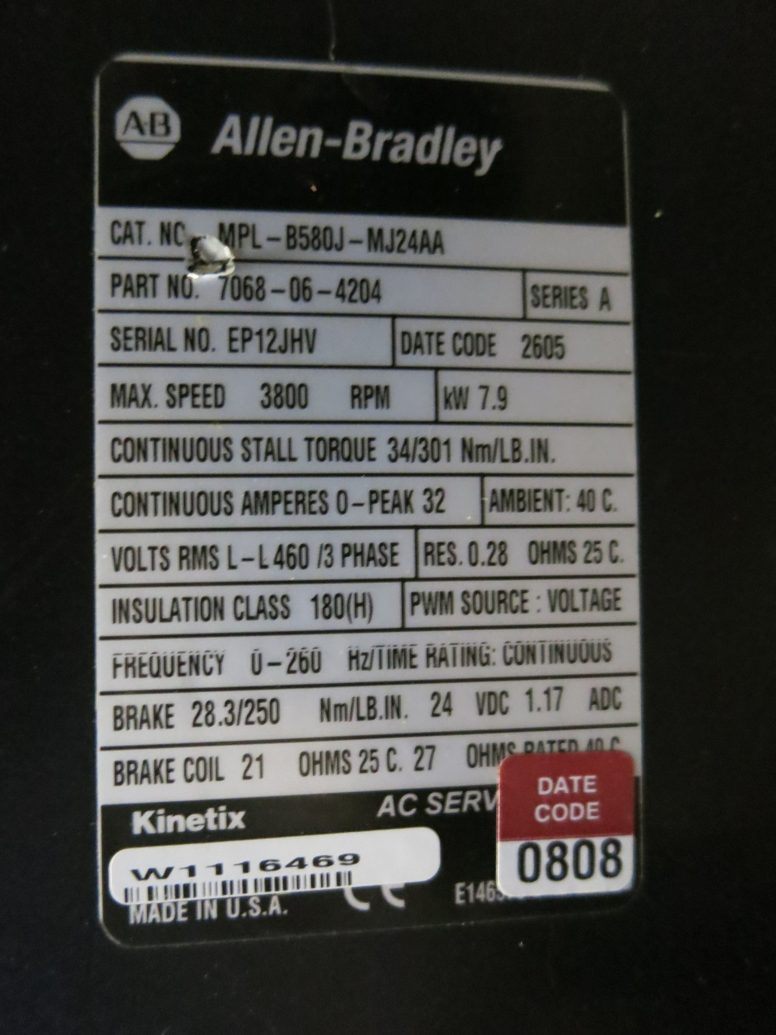 Allen Bradley MPL-B580J-MJ24AA Kinetix AC Servo Motor w/ Stober