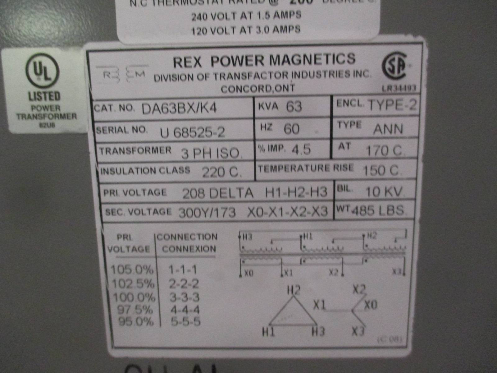 NEW Rex 63 kVA 208 Delta to 300Y/173 DA63BXK4 Drive Isolation