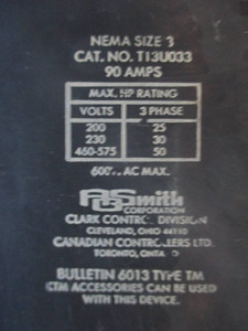 Clark A O Smith T13U033 Size 3 Motor Starter Type TM Sz3 120V Coil 90 Amp 50 Hp (TK1197-1)