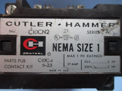 Cutler Hammer C10CN2 Size 1 Motor Contactor 120V Coil 27 Amp 3 HP Sz1 Series A1 (TK1202-8)