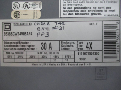 Square D 8538SCW24V06AF4 Size 1 Starter 30 Amp Fused Type 4X Combination 8536 3R (TK1269-4)